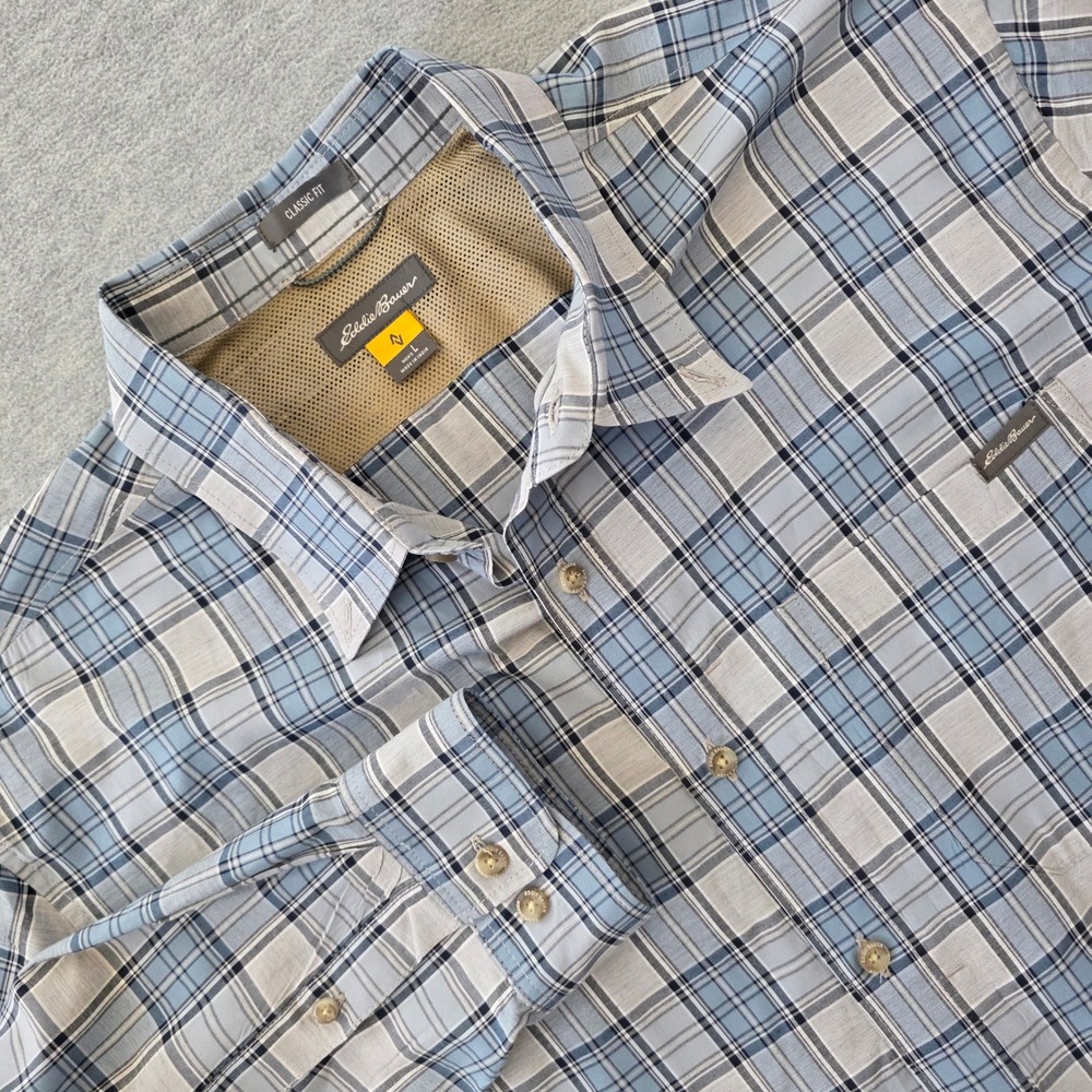 Eddie Bauer Performance Men Large Classic Fit Blue Plaid Long Sleeve Shirt